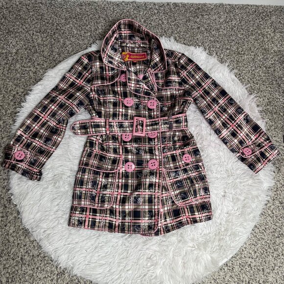 Plaid Dollhouse Girls Trench Coat Size 6 With Pink Buttons & Belt Cotton Blend B - Picture 2 of 8